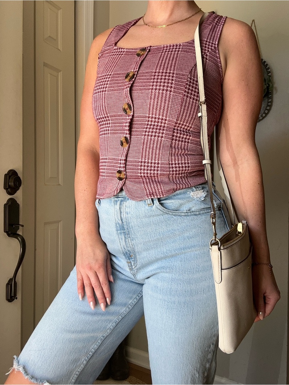 Haley & June Plaid Button-Front Square Neck Tank Top - Mauve